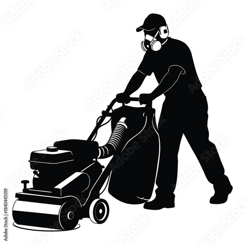 Worker operating a floor grinder machine silhouette isolated on white background