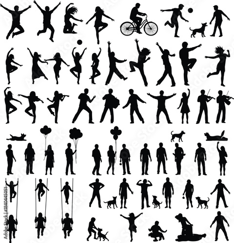 Human silhouette grid showing dynamic activities, walking, biking, dancing, jumping, swinging, pet interaction, expressive motion poses, flat vector
