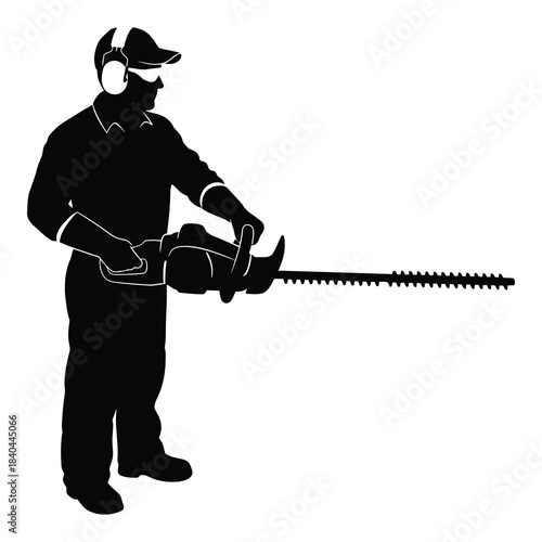 Gardener silhouette holding hedge trimmer isolated on white background