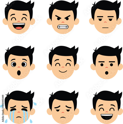 Cartoon emotion faces grid, happy, sad, angry, surprised, crying, confused, bored, excited, character design, reaction icons - flat vector illustrationCartoon emotion faces grid, 
