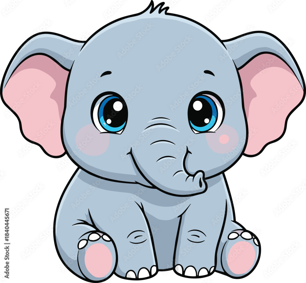 Naklejka premium Cartoon baby elephant sitting, cute animal, big blue eyes, pink ears, friendly expression, kids theme - flat vector illustration