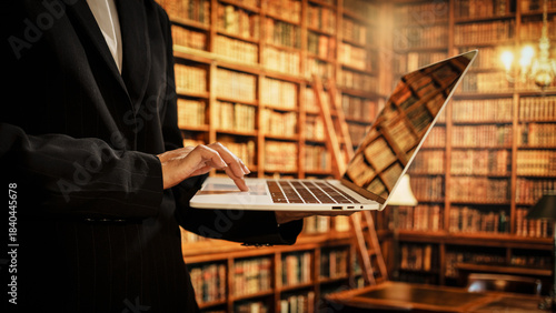 Professional woman using laptop inside library, digital resource organization, user assistance, literacy development, essential role librarians play in modern knowledge and data environments.