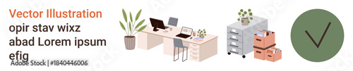 Office organization, workspace design, productivity, modern furnishings, administrative tasks, workplace management. Desk setup with computer, plants storage units. Office organization and workspace
