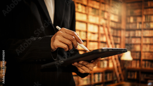 Professional woman holding digital tablet inside library, representing information management, cataloging, evolving responsibilities of modern librarians in physical, digital knowledge environments.