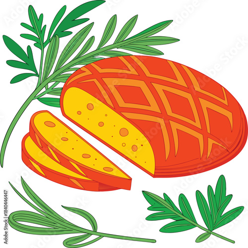 Loaf of bread with slices and fresh green herbs, illustration