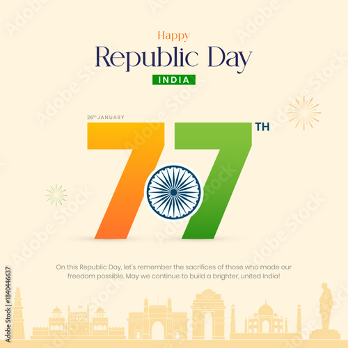 Happy Republic Day India Flyer Template. 26 January - 77th Republic Day of India Banner and Post Vector Illustration 