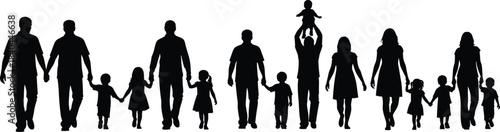 Family silhouettes in diverse poses, adults and children together, holding hands, lifting kids, unity, bonding, generational connection illustration, flat vector