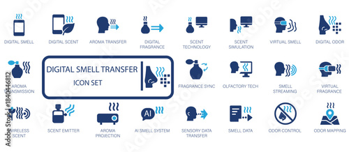 Digital Smell Transfer  Olfactory Tech icon set. Includes Aroma Projection, Virtual Smell, AI Smell System, and Fragrance Sync concepts. Ideal for VR, tech, and sensory design.