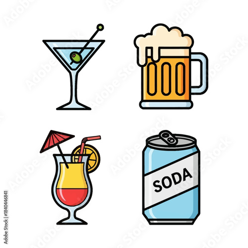 Four colorful cartoon illustrations of various drinks including a martini, beer mug, tropical cocktail, and soda can.
