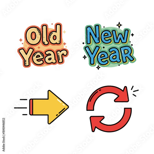 Old Year and New Year text with arrow and refresh cycle icons representing transition and change.