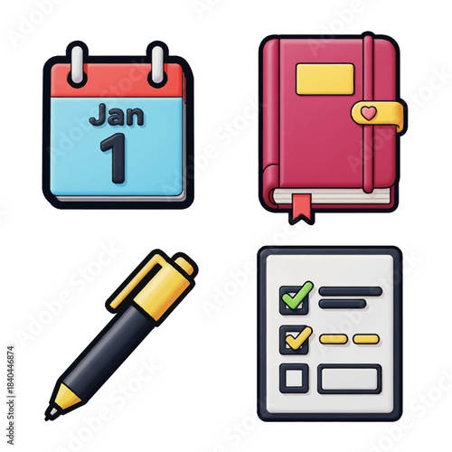 Collection of 3D rendered icons for planning, scheduling, and note-taking, including a calendar, diary, pen, and checklist.
