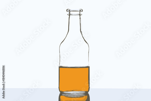 Clear glass bottle with amber liquid and reflection on a white background studio shot