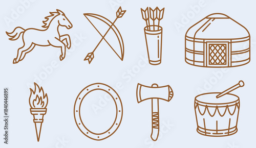 symbols of traditional nomadic culture, showcasing horses, archery equipment, yurts, and other cultural icons, ideal for heritage illustrations, historical projects, and lifestyle designs.