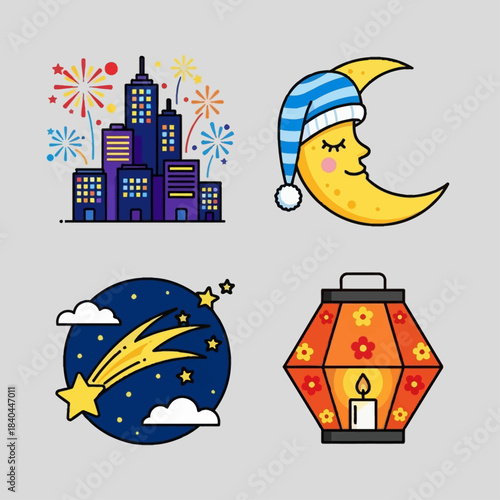 Vector illustrations of night-themed elements including a city with fireworks, a sleeping moon, a shooting star, and a decorative lantern.