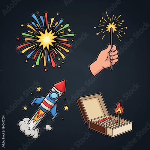 A vibrant collection of illustrations featuring fireworks, a sparkler, a launching rocket, and a lit matchbox, symbolizing celebration and ignition.
