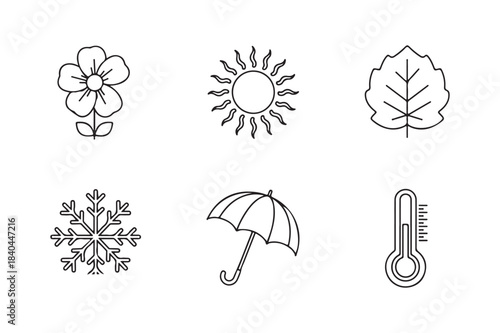 Six hand drawn icons representing seasons and weather