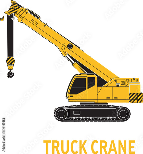 Yellow truck crane illustration with extended arm, tracked base, industrial lifting equipment, construction machinery for heavy duty work, flat vector