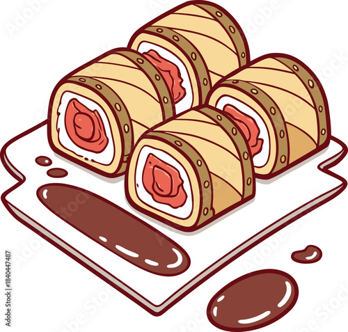 Four pieces of sushi rolls with brown wrapping and red filling on a white plate with sauce