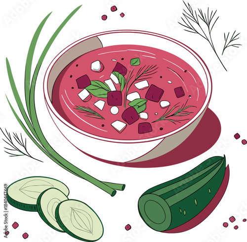 Handdrawn illustration of a bowl of borscht soup with fresh dill and green onions