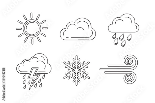 Collection of hand drawn weather icons in black and white