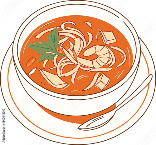 Delicious spicy seafood soup with shrimp and noodles in a bowl