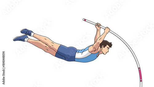 Athletic Male Jumps High Over Bar with Pole Vaulting Stick