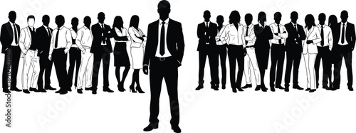 Corporate team silhouette with leader in foreground, professional group formation, business unity, leadership concept illustration for branding, flat vector