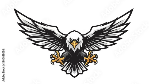 Stunning aggressive bald eagle mascot diving with wide wings perfect for sports team branding and powerful logos