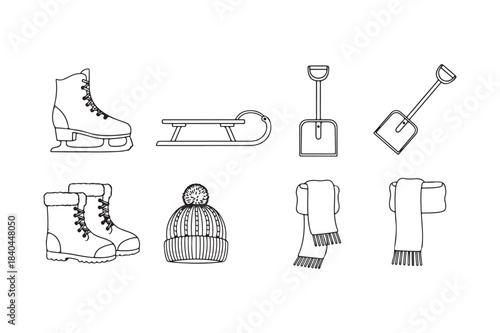 Winter clothing and equipment line art illustrations