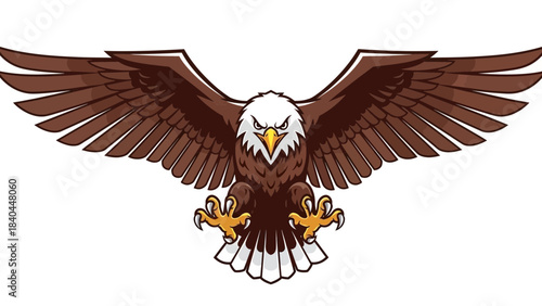 Fierce bald eagle mascot with wings spread wide swooping down ready to attack symbolizing strength and freedom