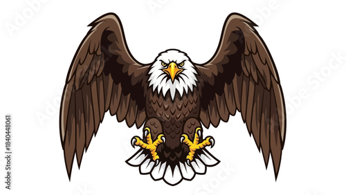 Stunning, fierce bald eagle mascot design with wide open wings displaying powerful talons and intense gaze