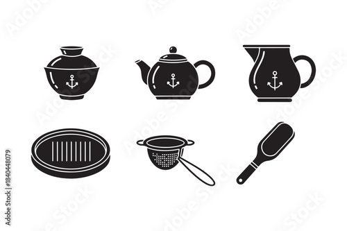 Black and white illustration of traditional tea ceremony utensils