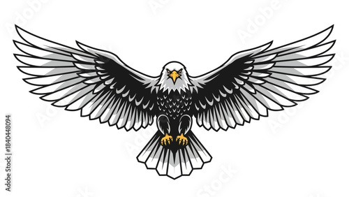 Stunning monochrome bald eagle mascot design with wings spread wide delivering powerful patriotic energy
