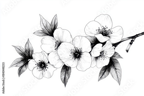 Japanese peach blossoms are beautifully illustrated in this line art, showcasing delicate petals and intricate details