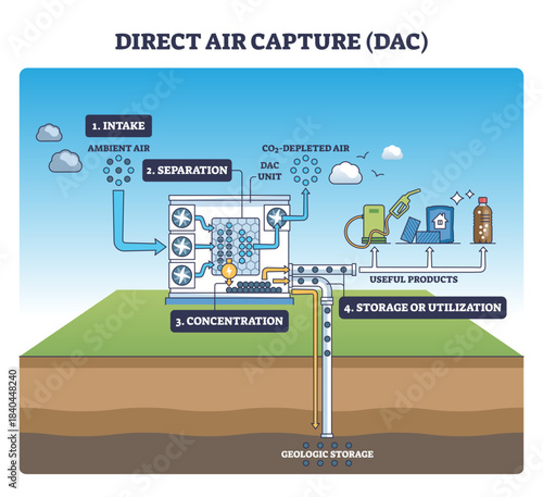 Direct air capture DAC process shows ambient air intake, CO2 separation in a DAC unit, and storage-utilization via pipelines, key objects, fans, sorbent bed, wells, transparent background.