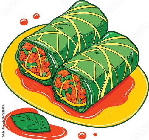 Delicious asian style burritos on a yellow plate