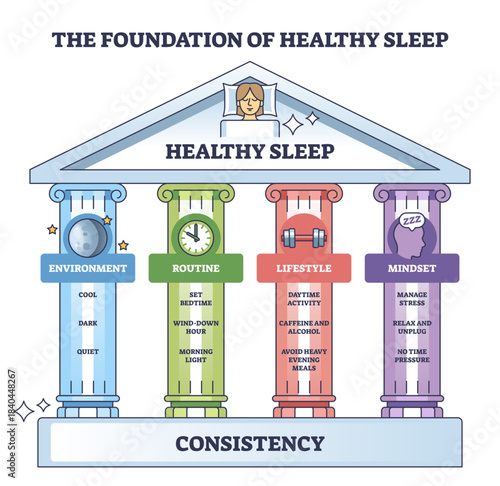 Healthy sleep foundation shown as a temple, four pillars (environment, routine, lifestyle, mindset) support a roof with bed icon and a base labeled consistency, pillars, roof, bed.