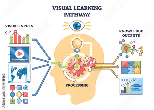 Visual learning pathway shows how inputs become outputs through processing, head silhouette, gears, and lightbulb highlight cognition and insight, transparent background.