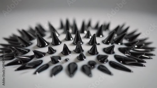 Black Ferrofluid Spikes Reacting to Magnetic Field in Abstract Closeup on White Surface Science Experiment and Fluid Dynamics Concept