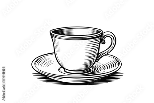 Vintage hand drawn sketch of a classic coffee cup and saucer with crosshatch shading on white background