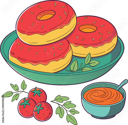Colorful illustration of donuts on a plate with tomato sauce and fresh tomatoes