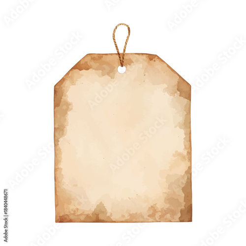 Beige kraft paper tag with twine, vector isolated on transparent background.