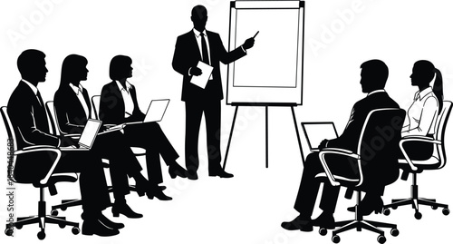 Business meeting silhouette with presenter, team seated with laptops, corporate discussion, strategy session, office collaboration scene, flat vector