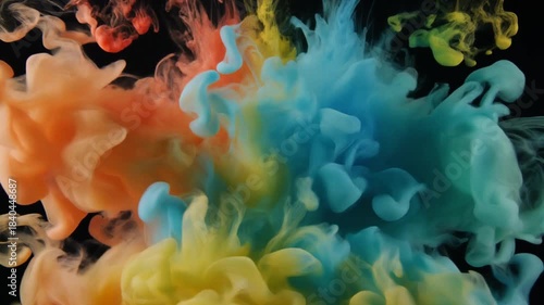 Vibrant colorful inks diffusing and swirling in water against a black background creating dynamic abstract fluid art representing creativity motion and scientific beauty