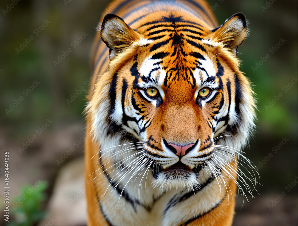 Obraz premium Captivating close-up of a majestic tiger, its piercing amber eyes fixed directly forward, highlighting the powerful gaze and distinct orange and black striped fur, symbolizing raw wild beauty
