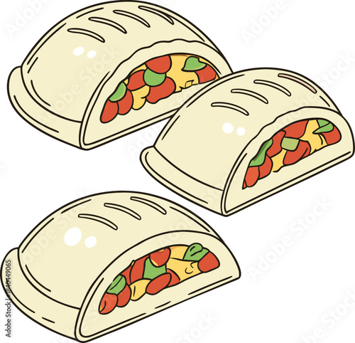 Three empanadas filled with vegetables on a