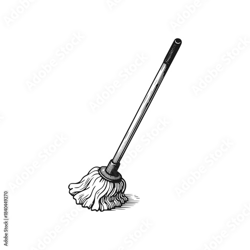 Simple floor mop. Black white vector illustration.