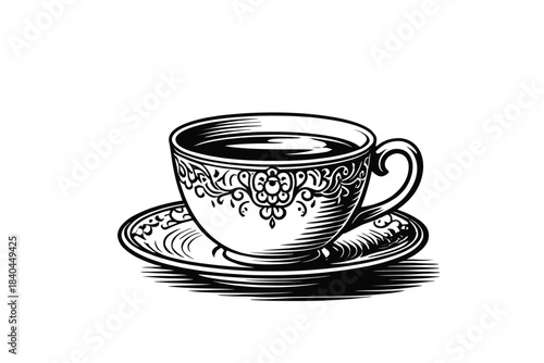 Vintage hand drawn sketch of a classic coffee cup and saucer with crosshatch shading on white background