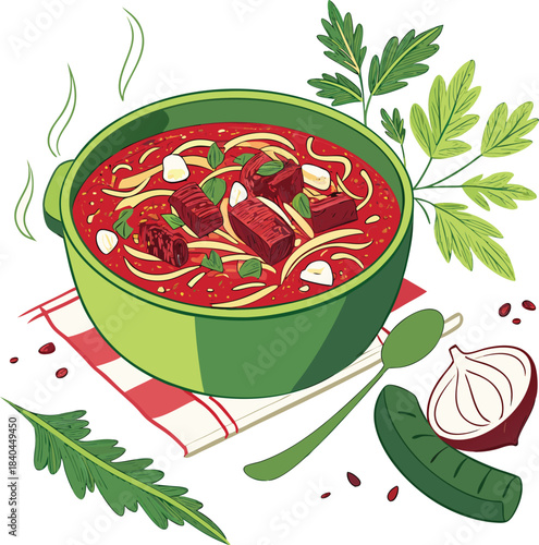 Hearty bowl of borscht soup with vegetables and herbs on a table