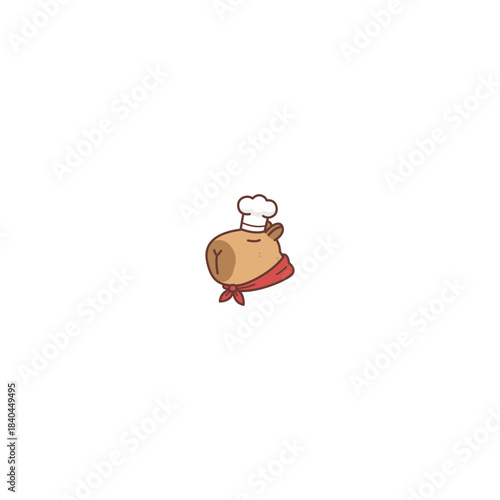 Cute capybara face wearing a chef hat and a red chef scarf cartoon, vector illustration